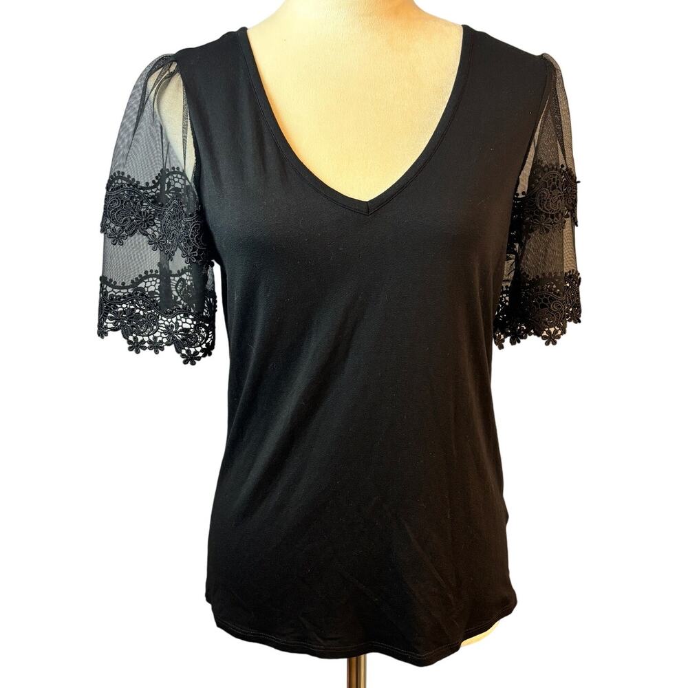 Willow V- Neck Black Blouse Lace Short Sleeves V Back Whimsigoth Feminine Med